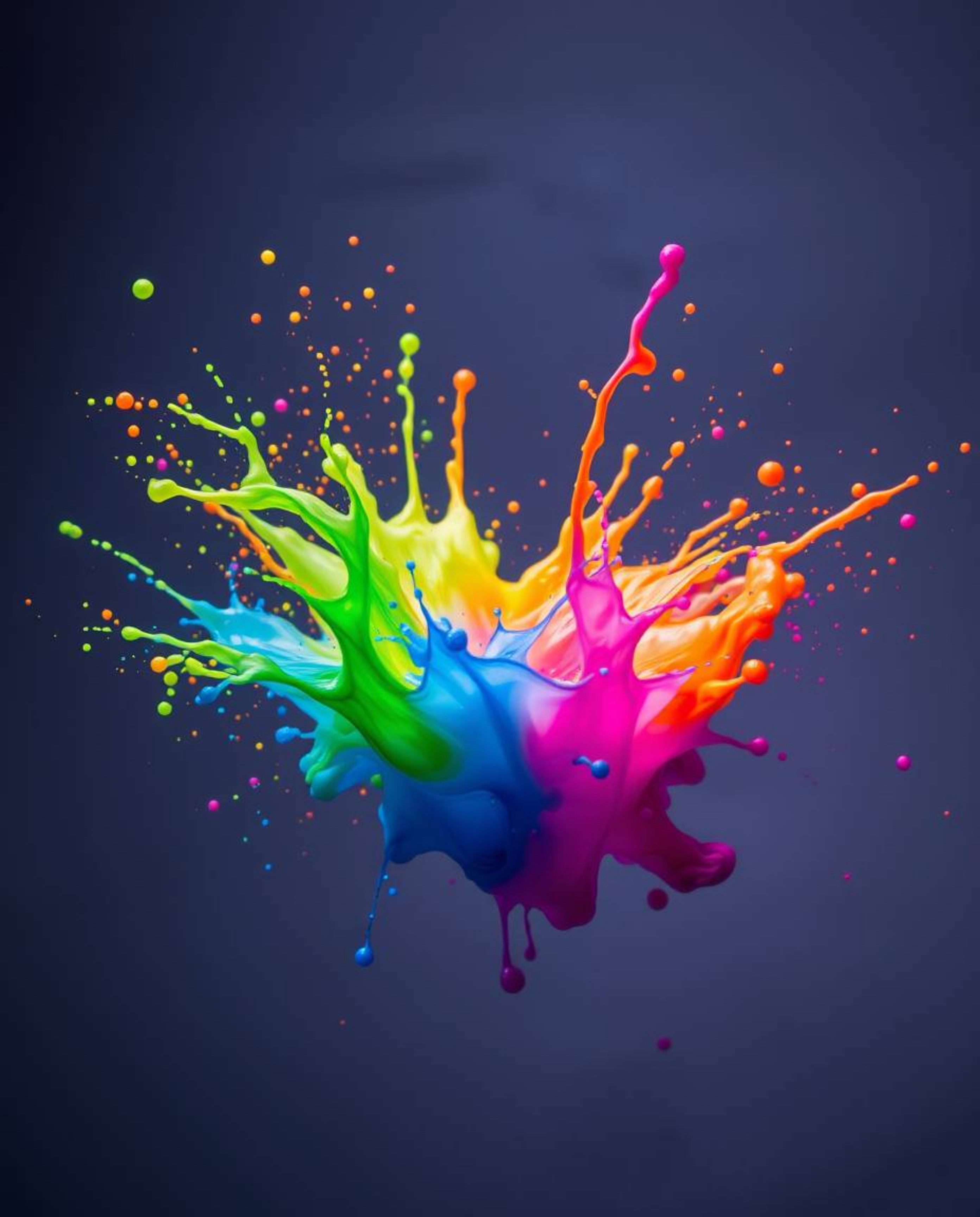 Experience the mesmerizing beauty of a colorful paint splash frozen in mid-air. This high-speed photograph captures a surreal