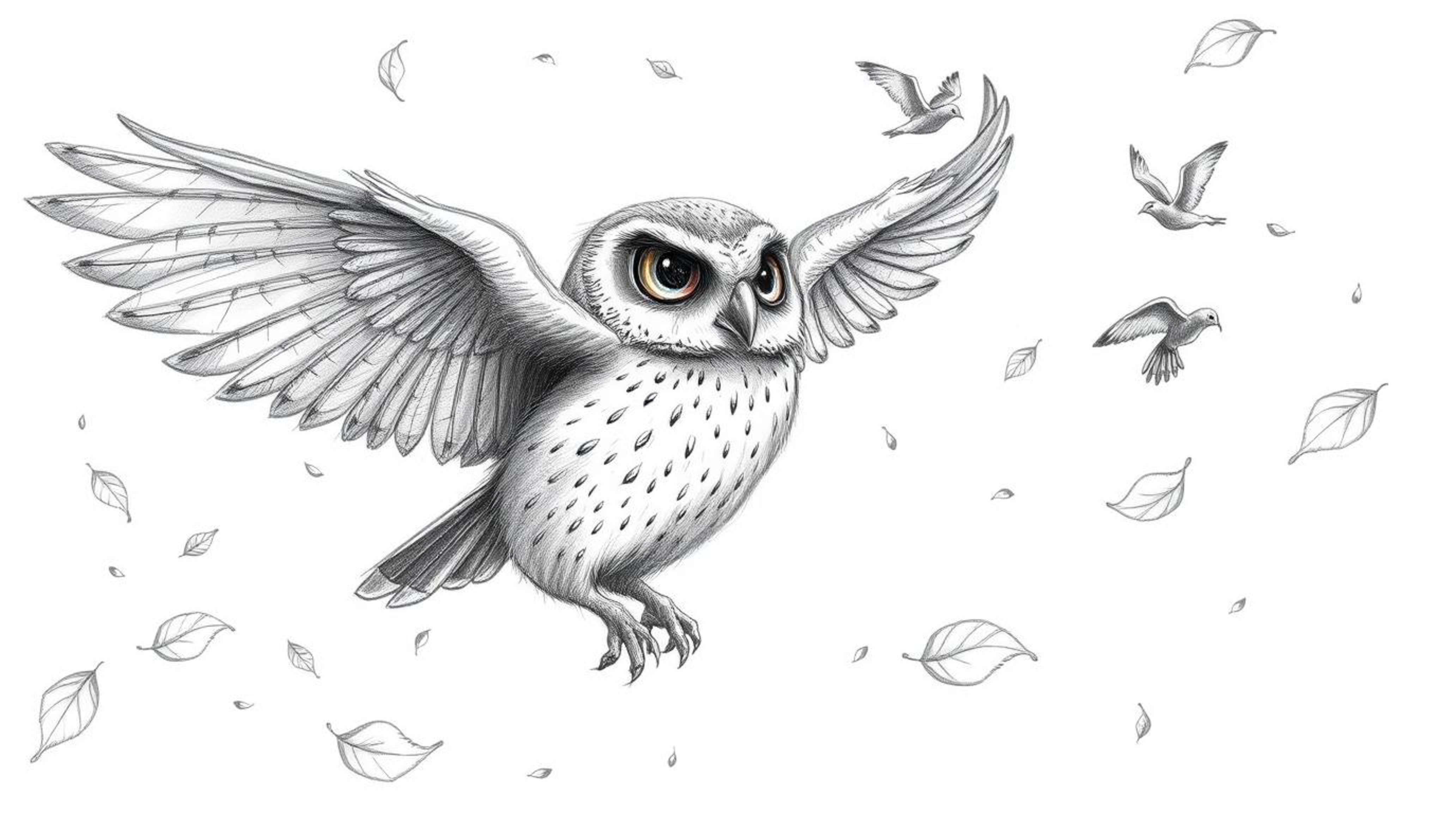 A rough textured pencil sketch depicting a blind owl with detailed feathers in a Pixar-inspired style. The owl is gently spir