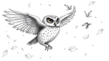 A rough textured pencil sketch depicting a blind owl with detailed feathers in a Pixar-inspired style. The owl is gently spir
