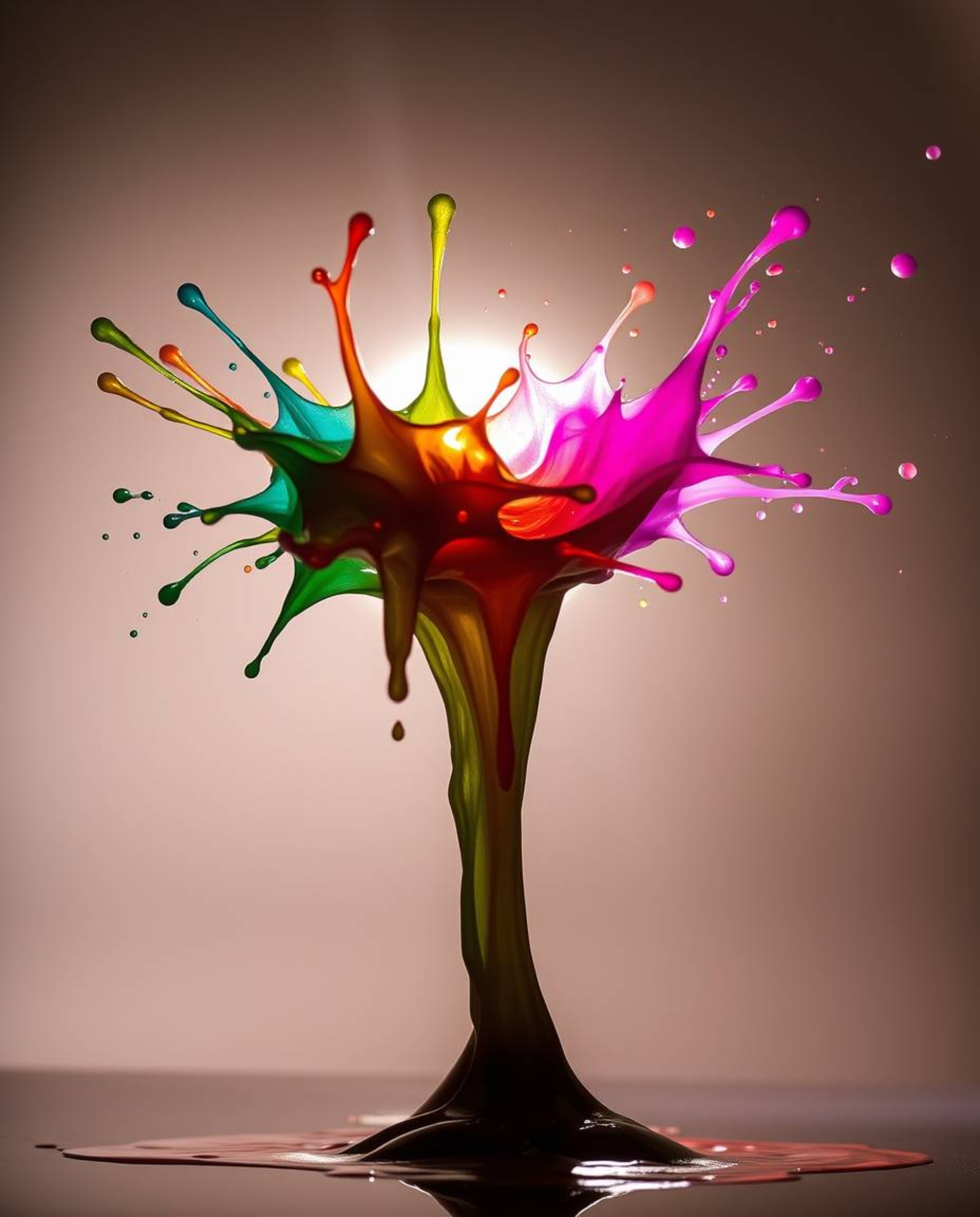 This surreal image captures a vibrant, colorful paint splash frozen mid-air, creating a stunning moment frozen in time.  Util