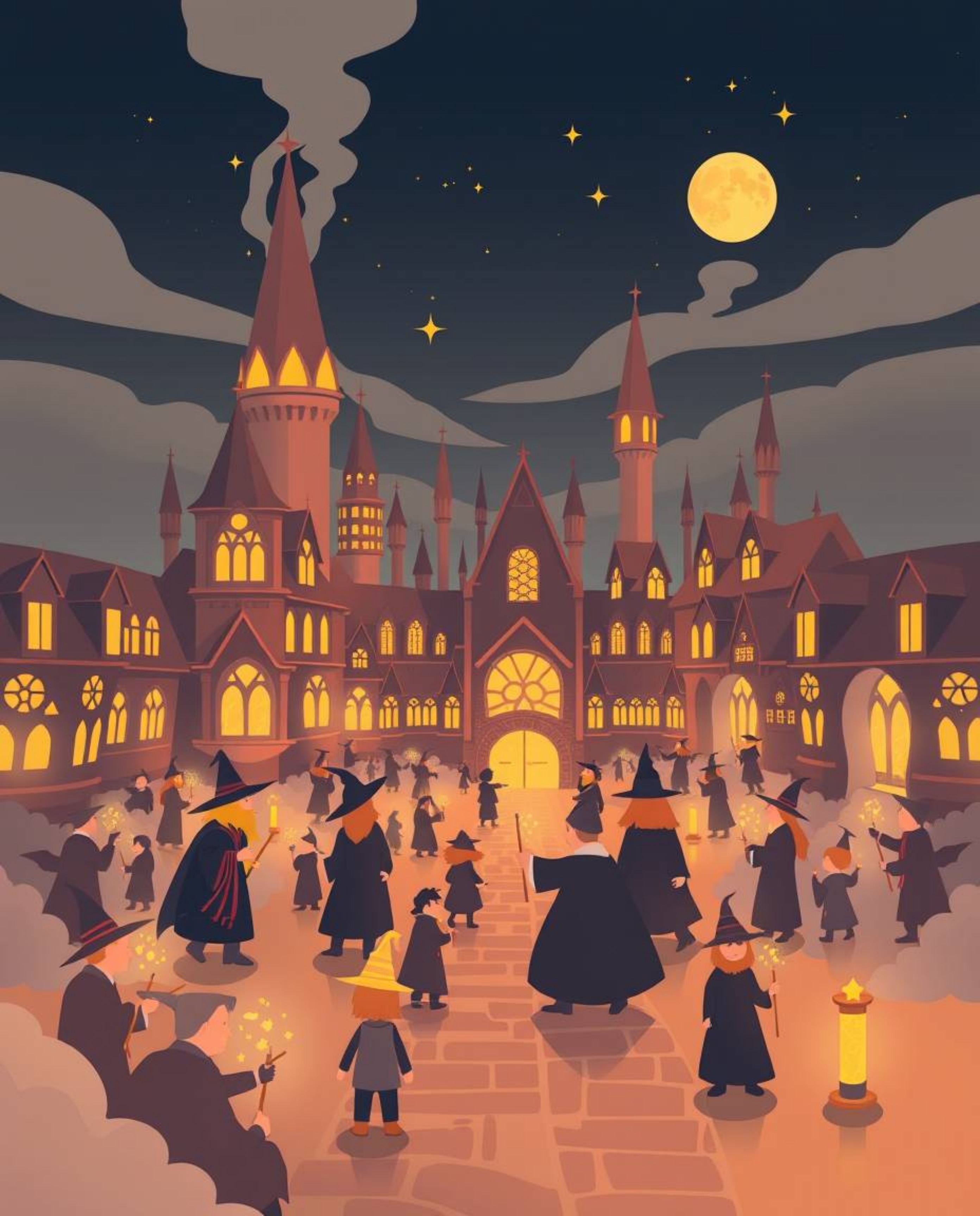 Discover a captivating illustration of a magical school brimming with young wizards.  Rendered in warm golden hues with simpl