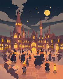 Discover a captivating illustration of a magical school brimming with young wizards.  Rendered in warm golden hues with simpl