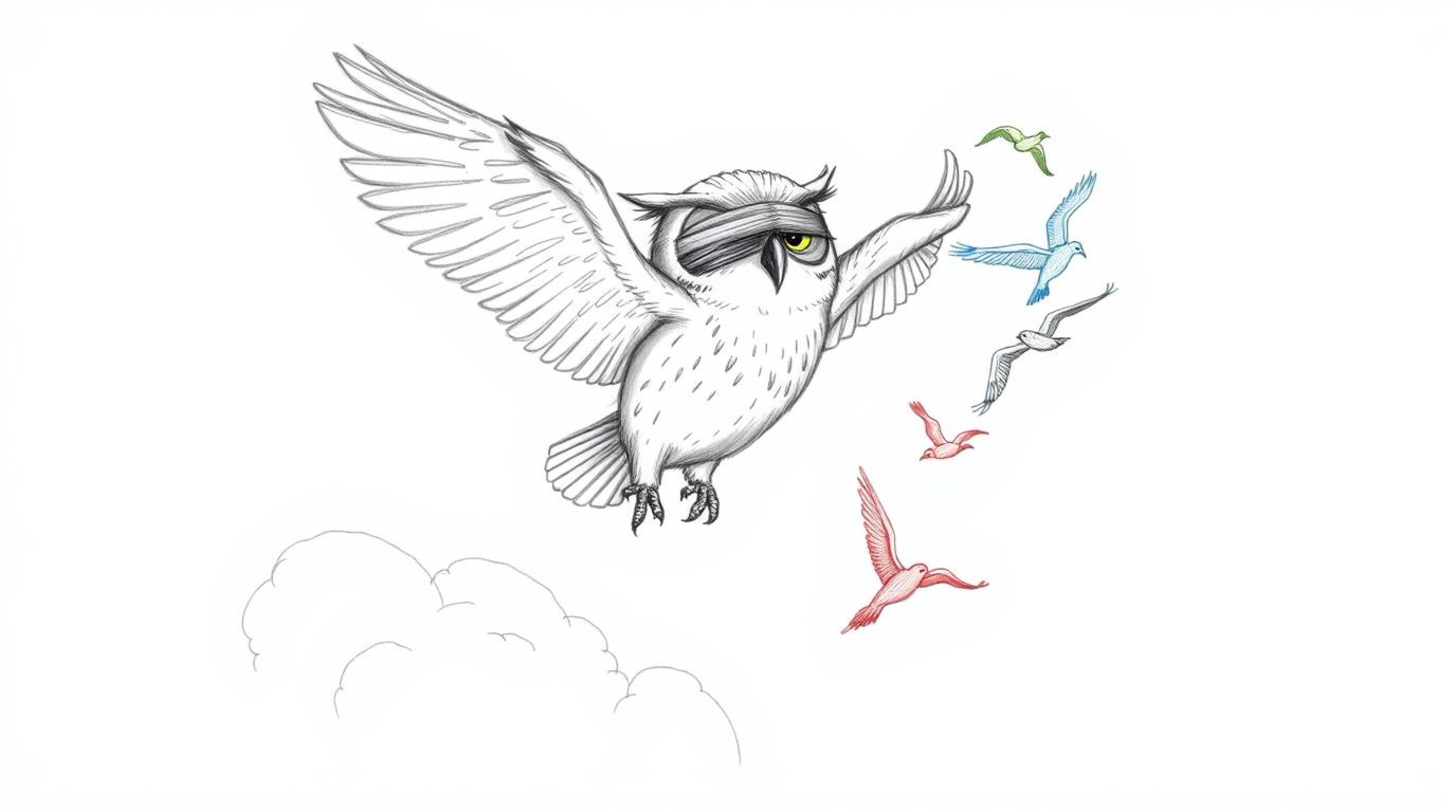 This artwork depicts a heartwarming scene of a blind owl, rendered in a charming Pixar style, soaring proudly above the cloud