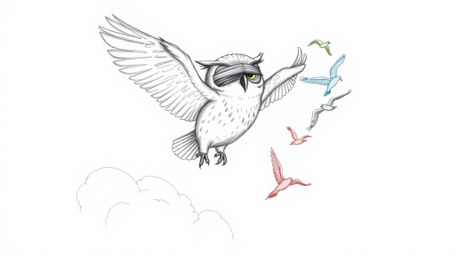 This artwork depicts a heartwarming scene of a blind owl, rendered in a charming Pixar style, soaring proudly above the cloud