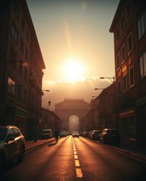 This is a massive scale, heroic, modern, and futuristic street photograph that captures a candid sunset over the misty, rolli