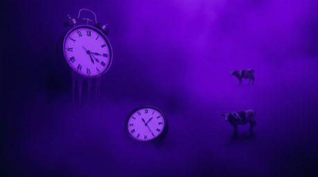 Dive into a surreal dreamscape where melting clocks and floating cows defy gravity amidst a thick, ultraviolet fog.  High con