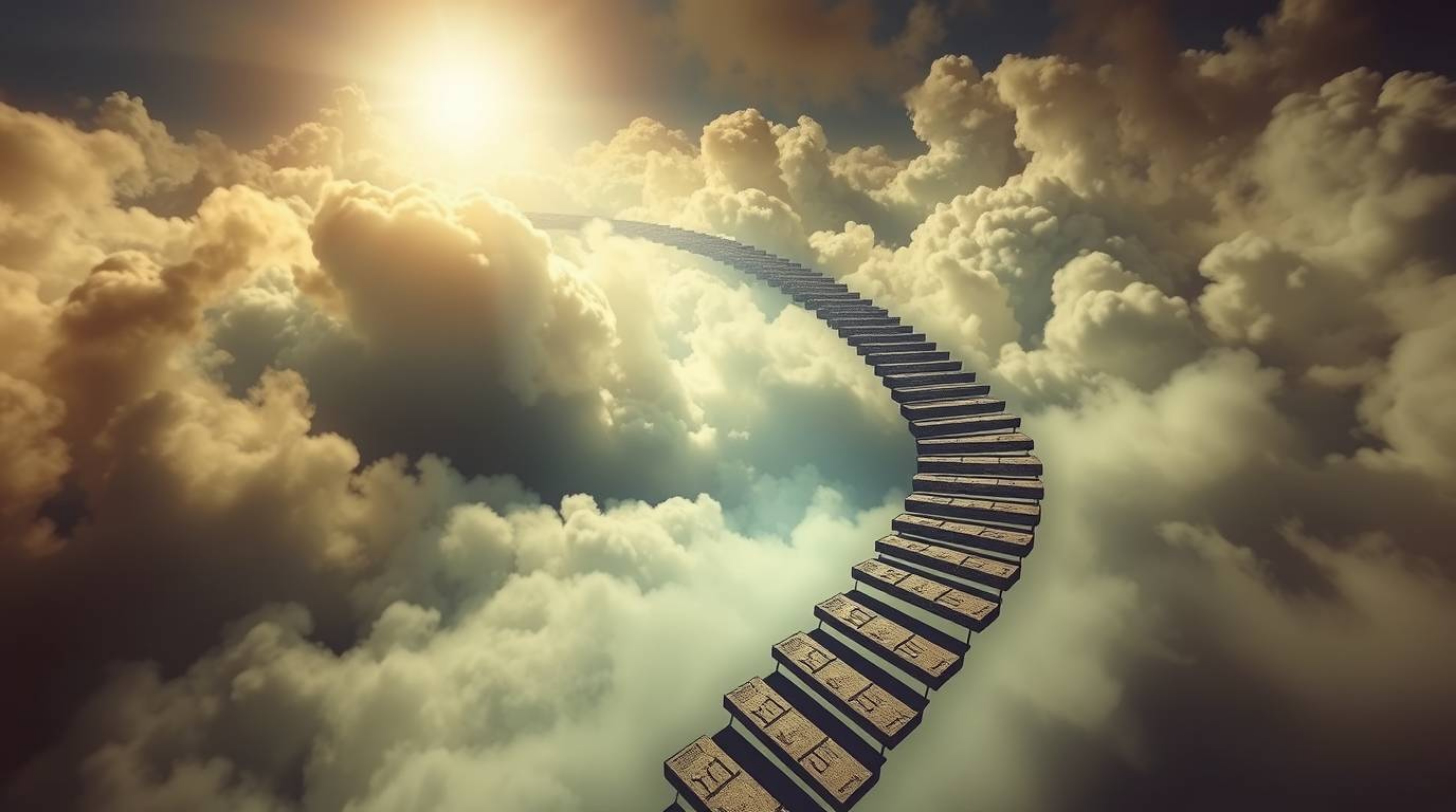 This image captures a breathtaking bird's-eye view of a surreal stairway suspended within smoky clouds, spiraling upwards tow