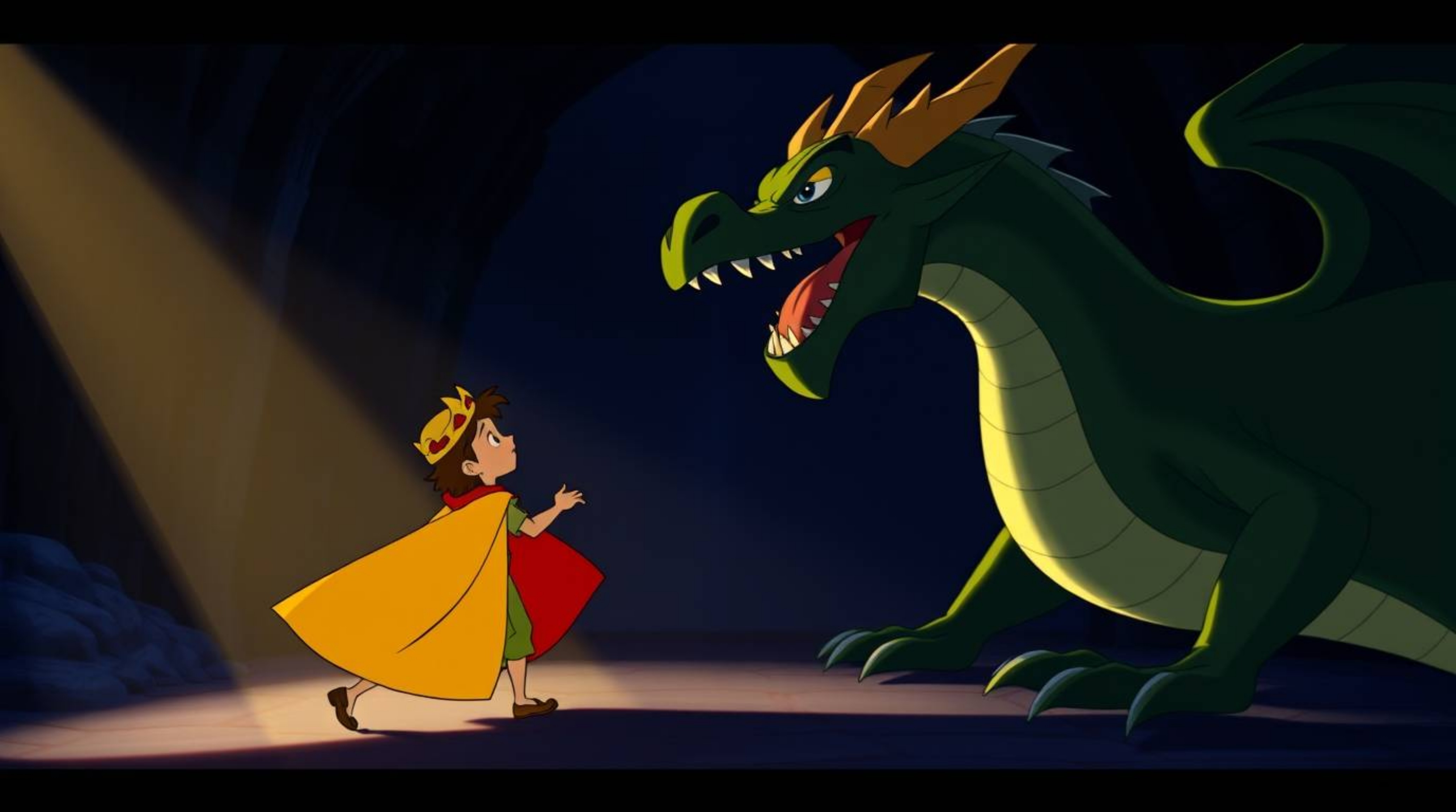 A charming prince engages in a thrilling battle against a fearsome dragon, rendered in the captivating style of 1950s animati