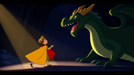 A charming prince engages in a thrilling battle against a fearsome dragon, rendered in the captivating style of 1950s animati