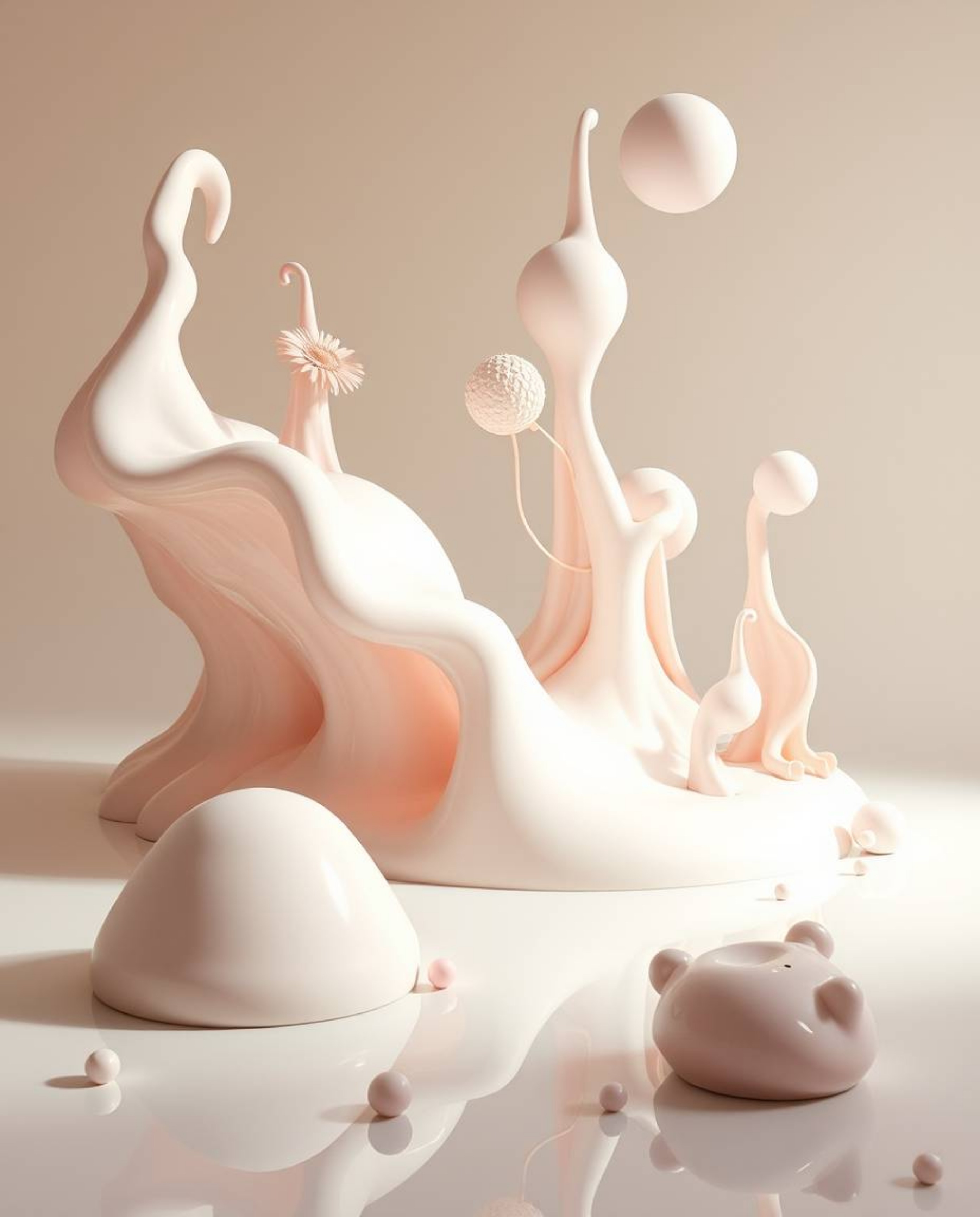 Explore a world of dreamlike surreal imagery rendered in soft pastel colors, featuring sculptural 3D fluid shapes reminiscent