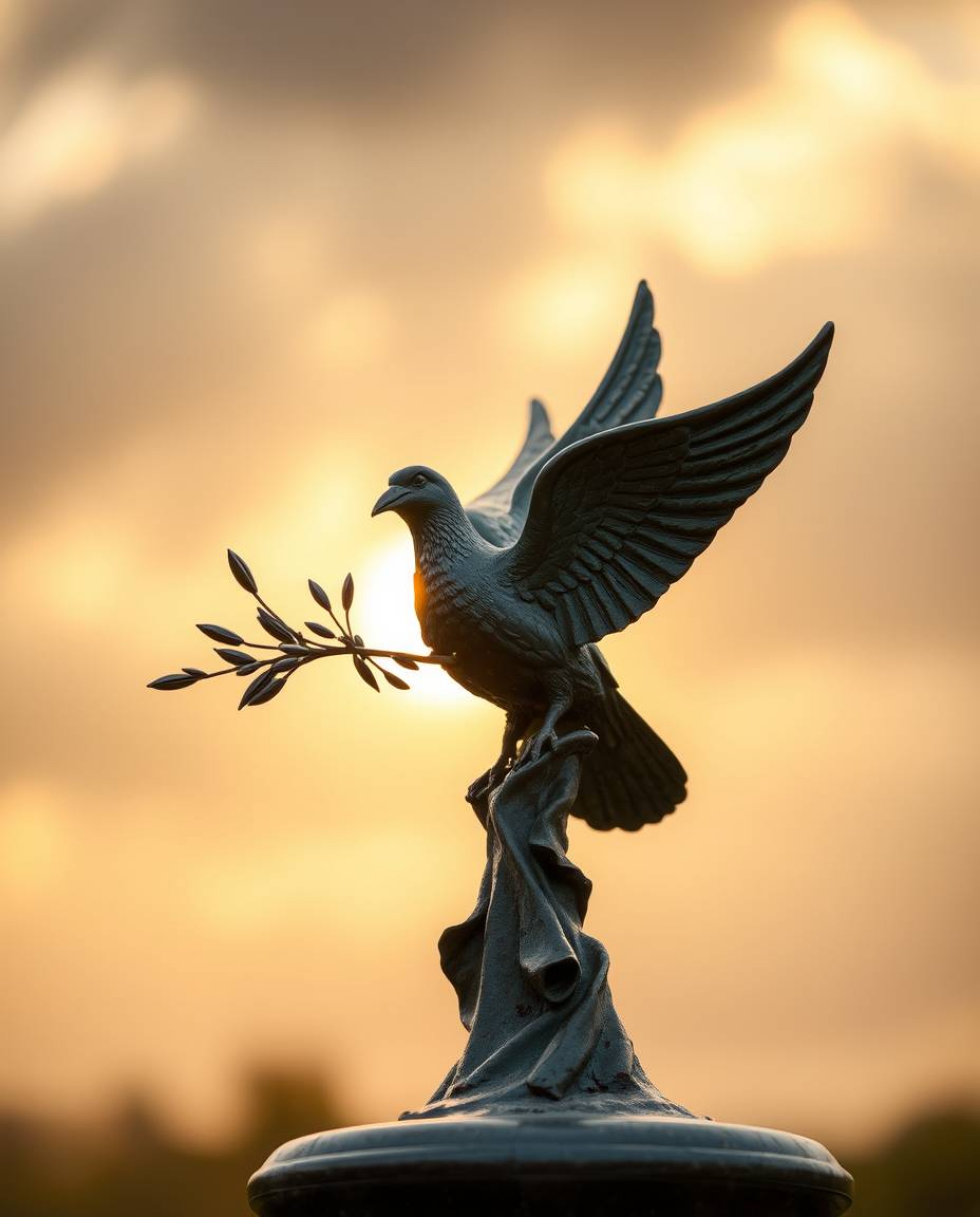 A captivating cast bronze sculpture depicts a dove carrying an olive branch, soaring through stormy skies.  The image showcas