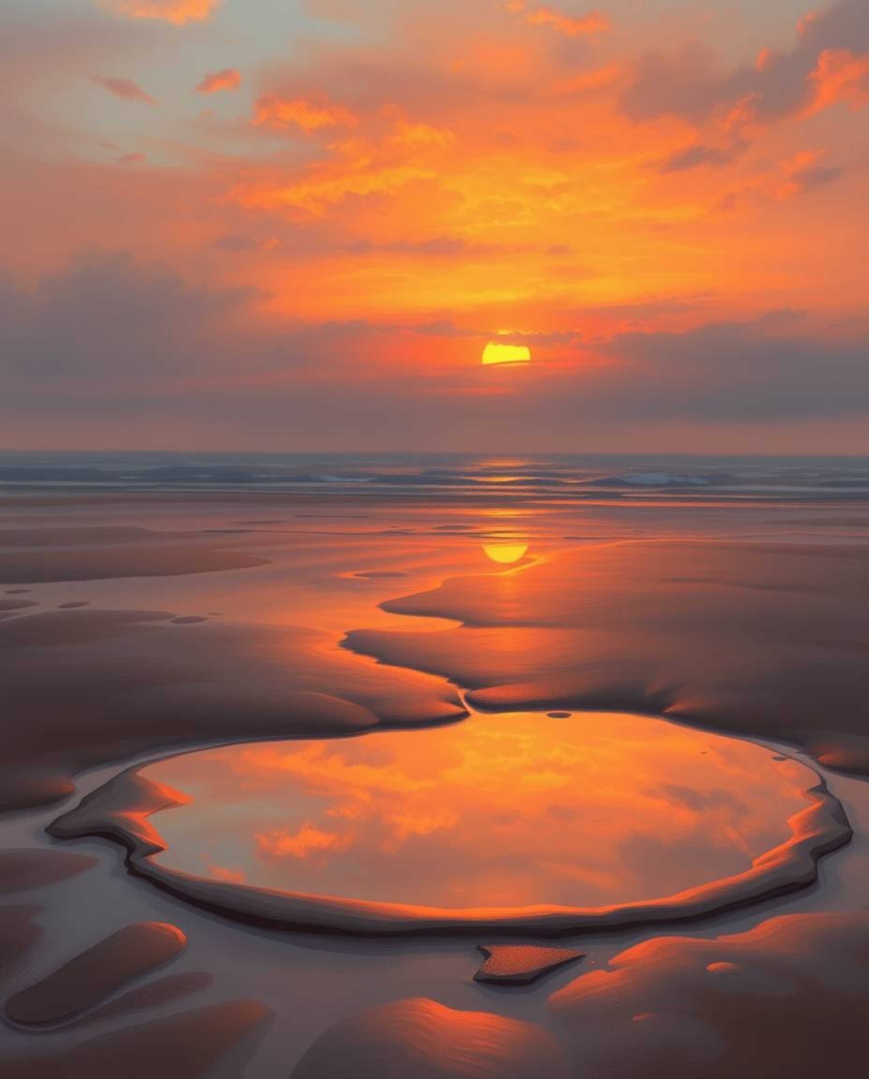A digital painting captures a beautiful sunset sky as it is mirrored in the tidal pools on a beach. The scene is bathed in ge