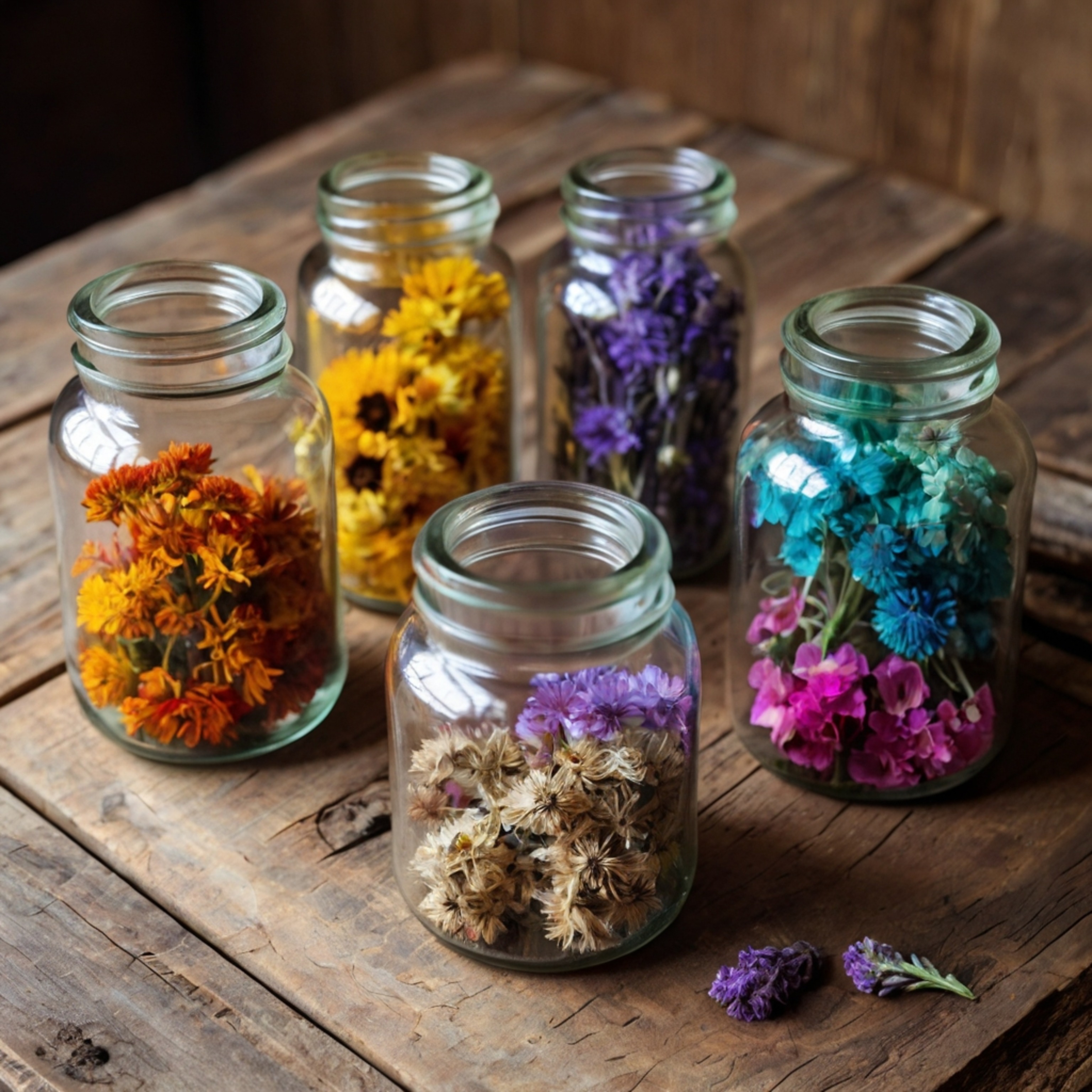 Elevate your space with our collection of colorful dried flowers, beautifully arranged in charming glass jars. Placed on a ru
