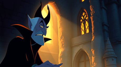 A classic Disney villain with sharp features and pale skin is depicted casting a spell within the confines of an old stone ca