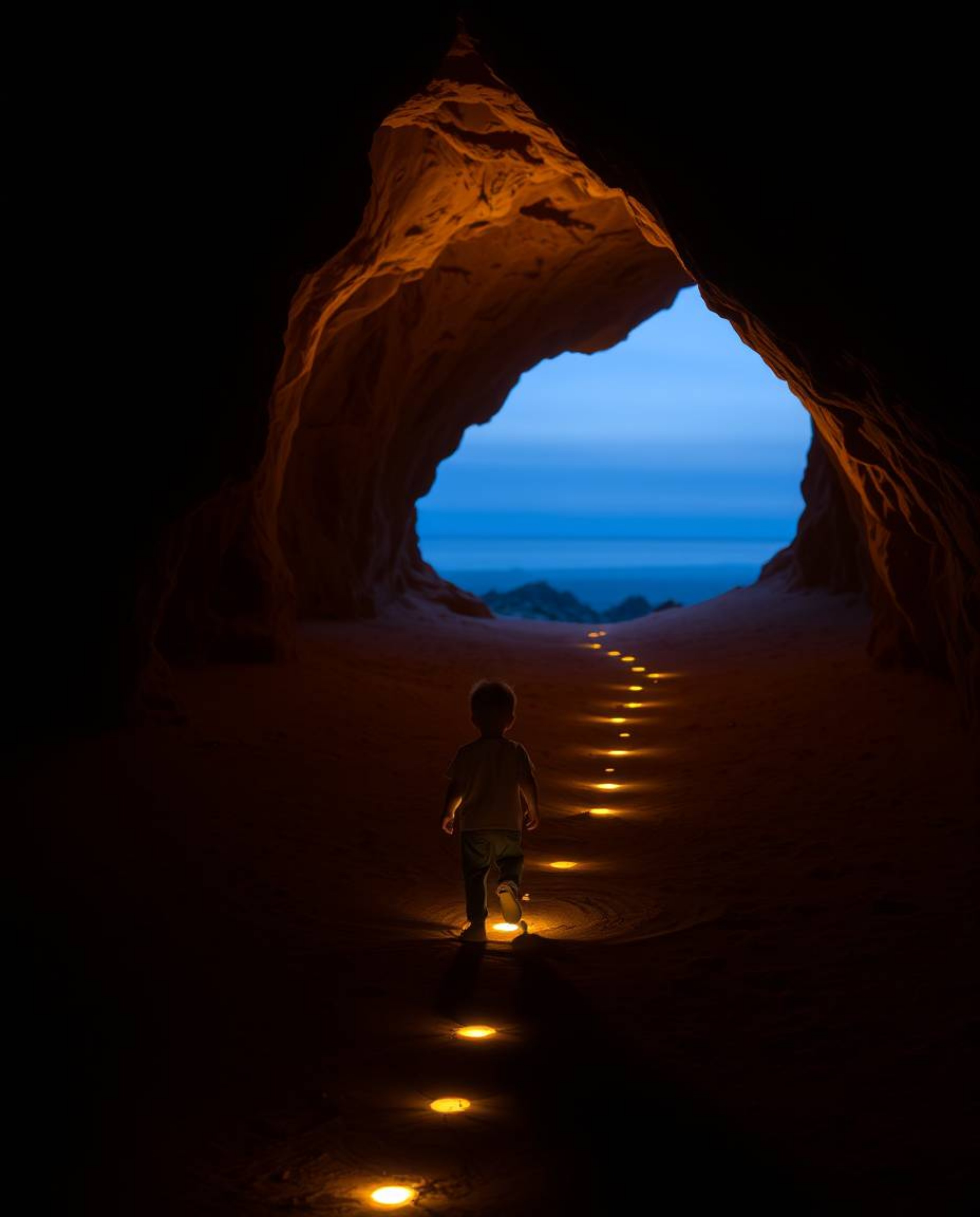A captivating image depicting a child embarking on an adventure, following a trail of glowing footsteps into a mysterious cav