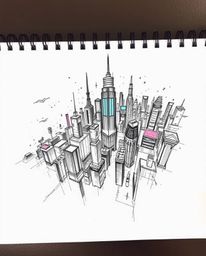Explore a dystopian future rendered in a unique hand-drawn style with this glitch art depiction of a futuristic city.  From a