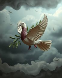 A captivating image of a dove carrying an olive branch amidst stormy skies, rendered with a layered papier-mâché texture.  Th