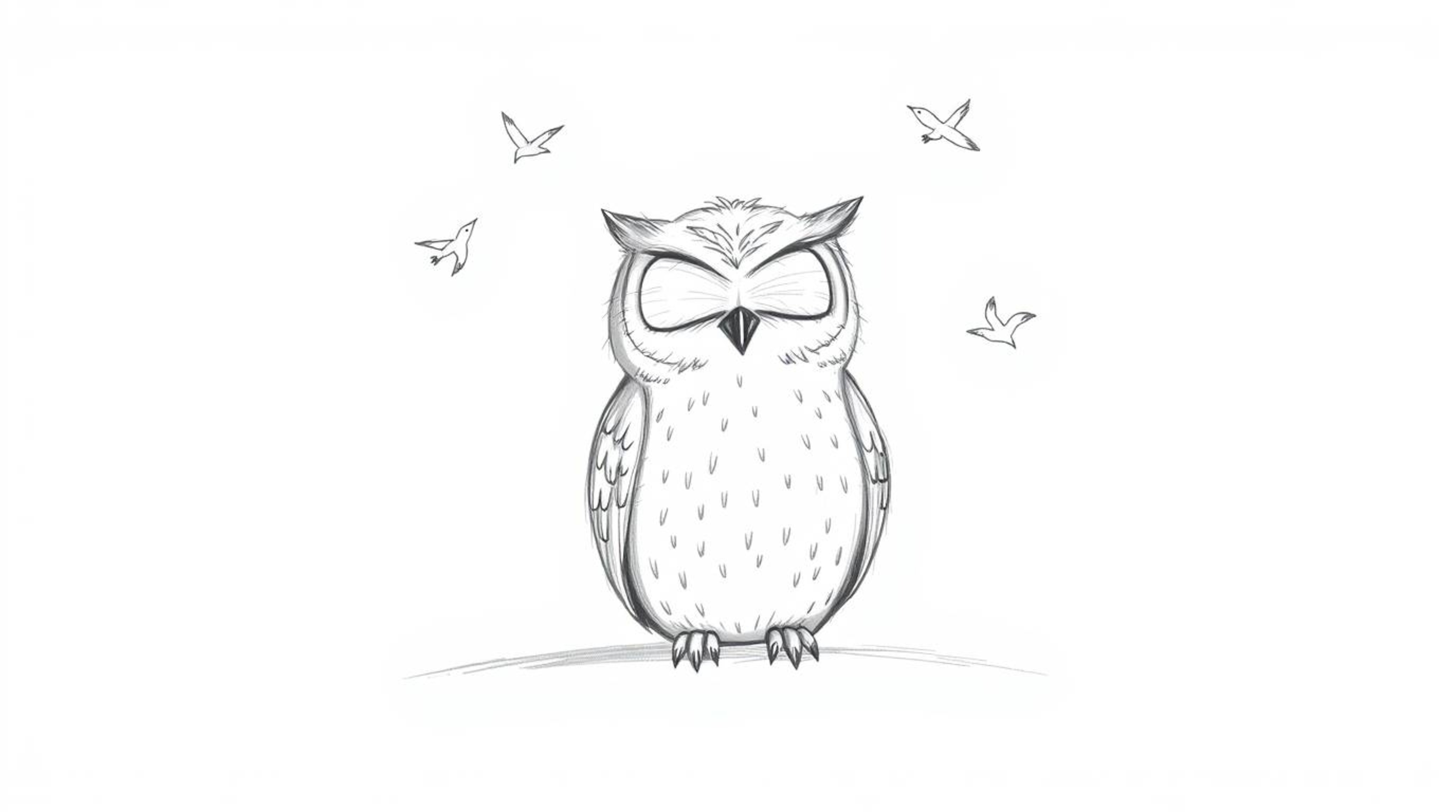 A heartwarming hand-drawn sketch in the style of Pixar depicts a serene, blind owl with delicate, feathery details, sitting c