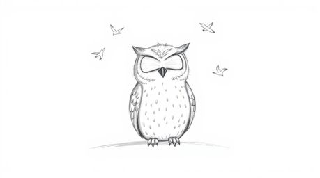 A heartwarming hand-drawn sketch in the style of Pixar depicts a serene, blind owl with delicate, feathery details, sitting c