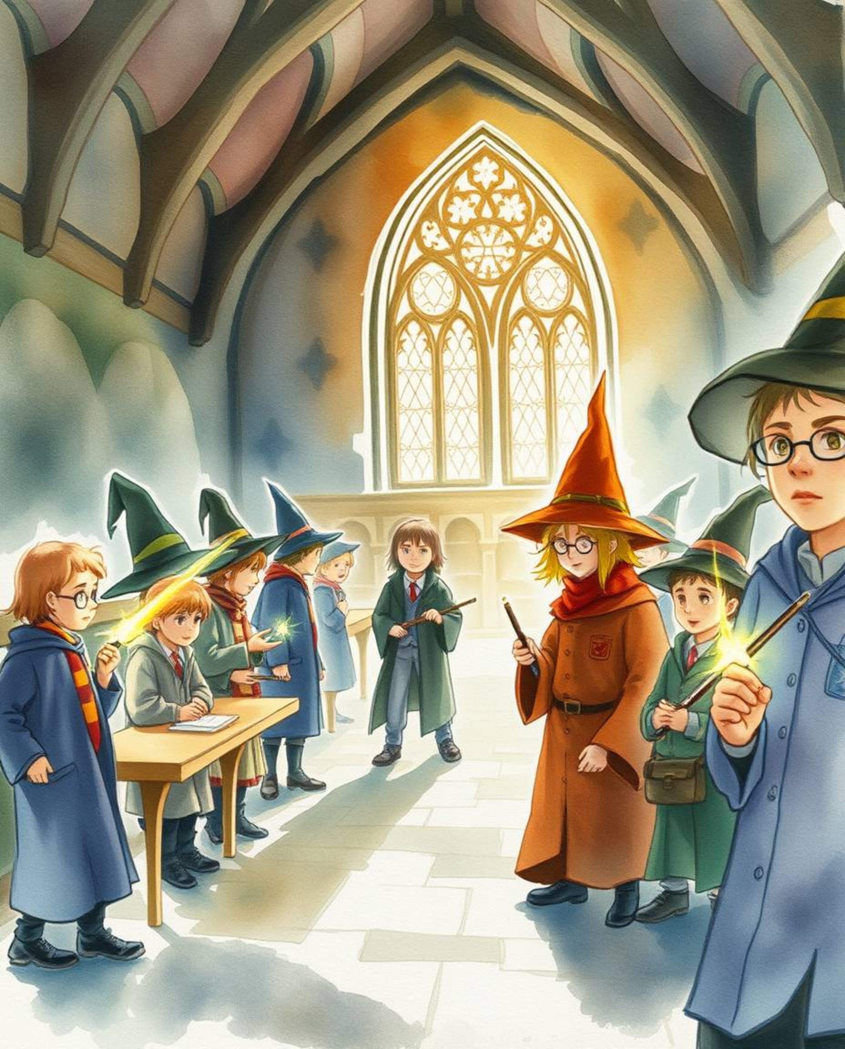 Explore a magical school brimming with young wizards, captured in a delicate watercolor painting. The artwork features high c