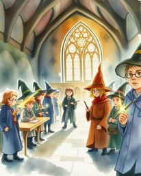 Explore a magical school brimming with young wizards, captured in a delicate watercolor painting. The artwork features high c