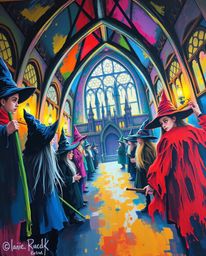 A captivating bold acrylic painting depicts a magical school brimming with young wizards. Viewed from a low angle, the artwor