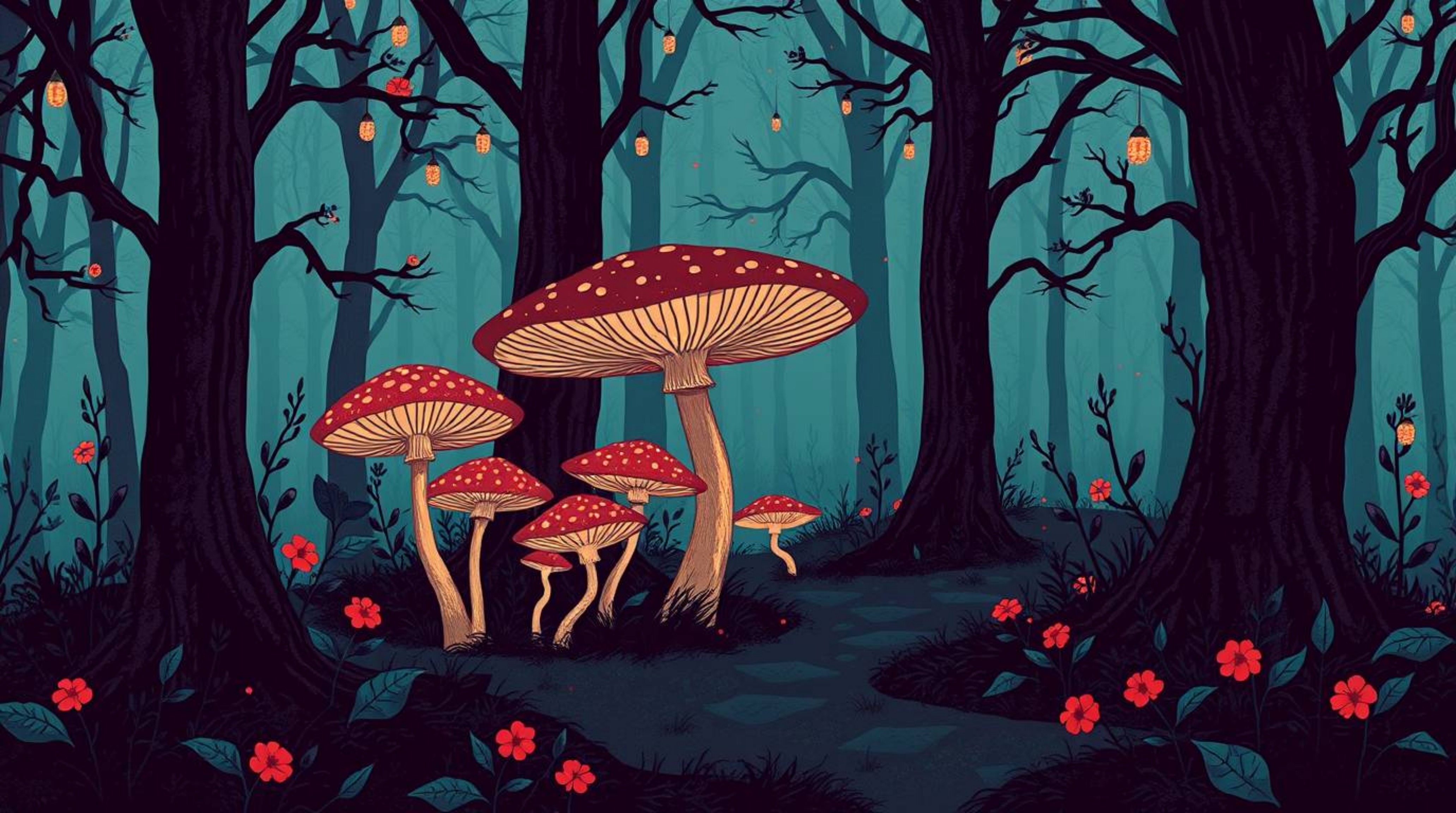 Immerse yourself in the enchanting world of a vintage-style forest, illuminated by the gentle glow of magical mushrooms. This