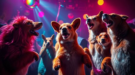 Capture the energy of an animal dance party with this high-resolution stock photo featuring vibrant colors, strong contrasts,