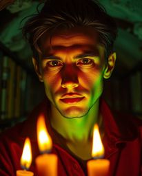 A person with olive skin and expressive features is bathed in electric, vivid colors as they discover a hidden underground li