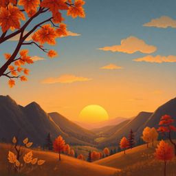 A captivating illustration showcases a charming sunset over a peaceful mountain valley.  Warm autumn colors and earthy tones 