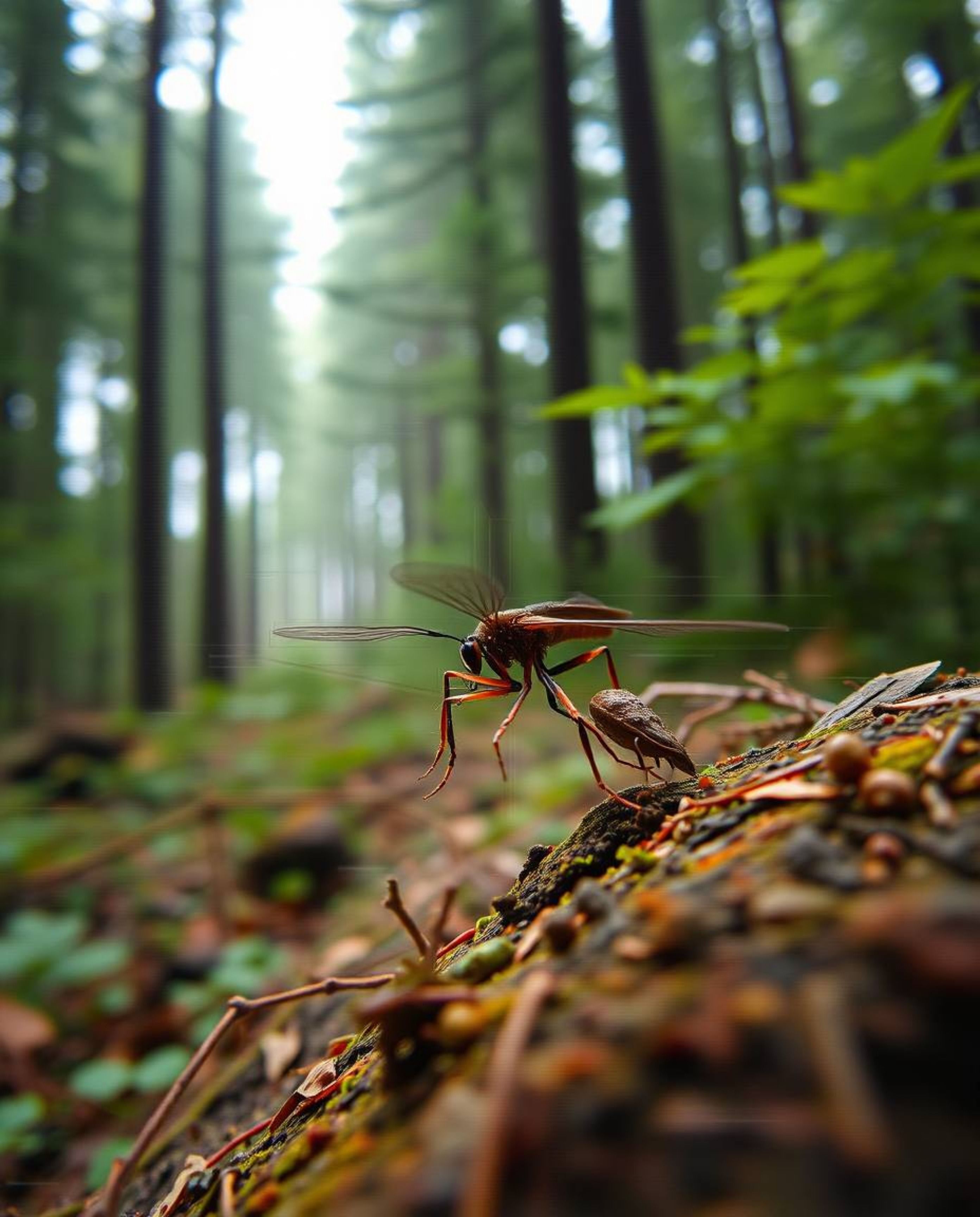 An extreme macro close-up photograph reveals a captivating digital glitch overlaying a serene forest scene. This surreal cont