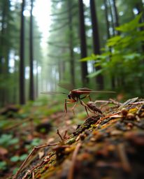 An extreme macro close-up photograph reveals a captivating digital glitch overlaying a serene forest scene. This surreal cont