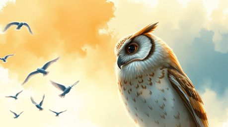 A delicate watercolor painting depicts a blind owl, rendered in Pixar style, passionately teaching birds how to fly. The owl,