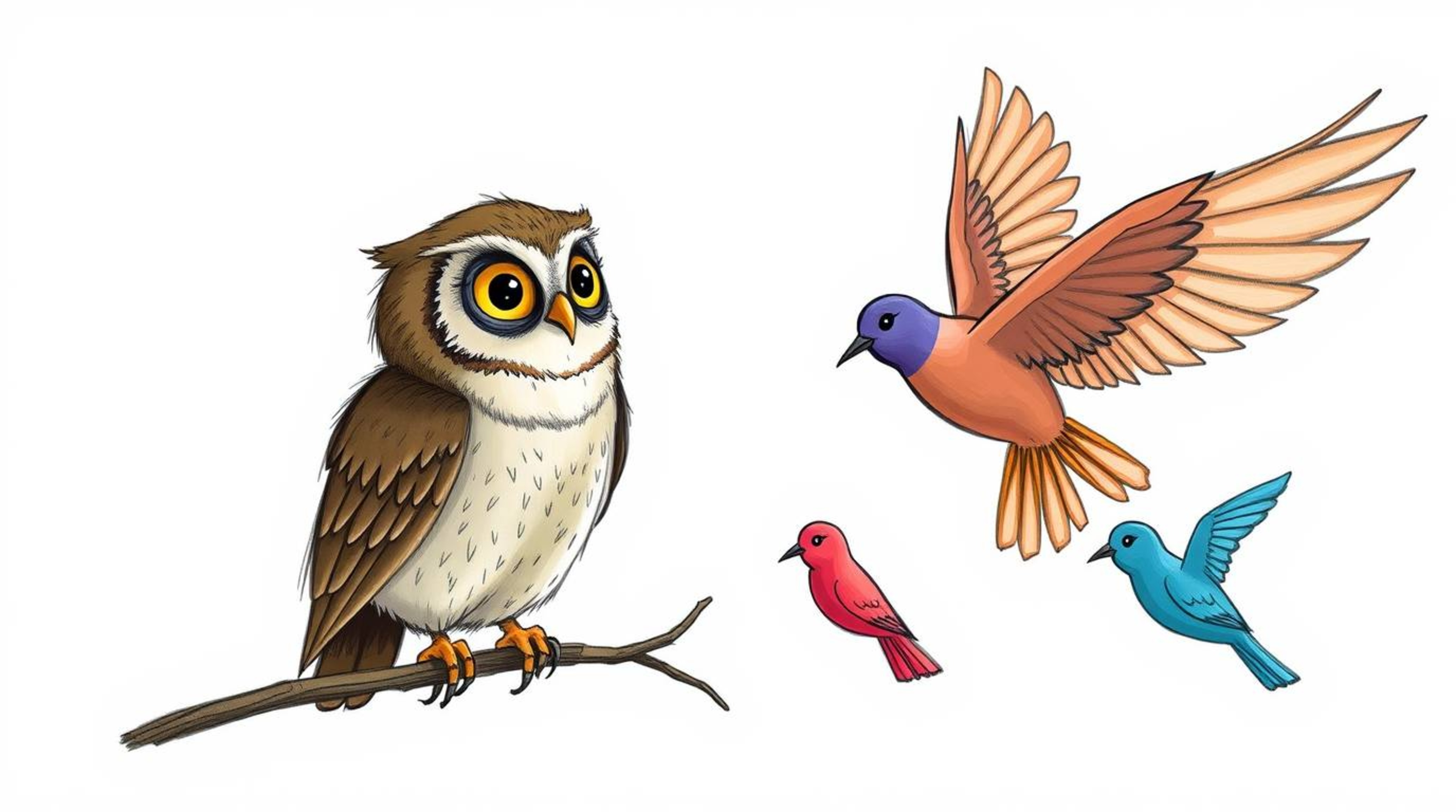A heartwarming illustration depicts a blind owl in a textured, hand-drawn Pixar style, patiently teaching colorful birds to f