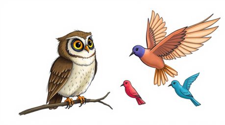 A heartwarming illustration depicts a blind owl in a textured, hand-drawn Pixar style, patiently teaching colorful birds to f