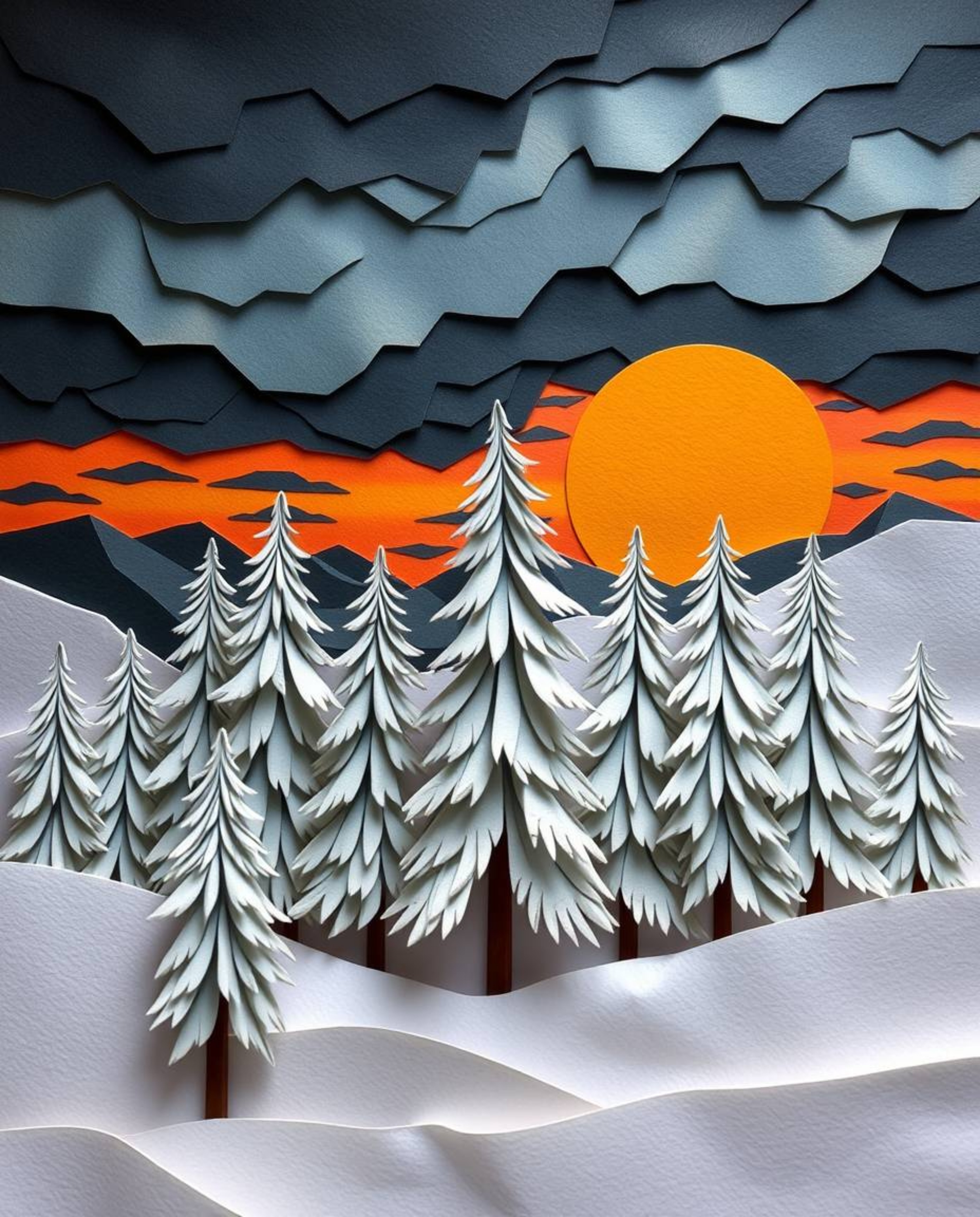 This intricate origami-style artwork depicts snowy pine trees under a stormy sunset. The piece showcases a unique folded pape