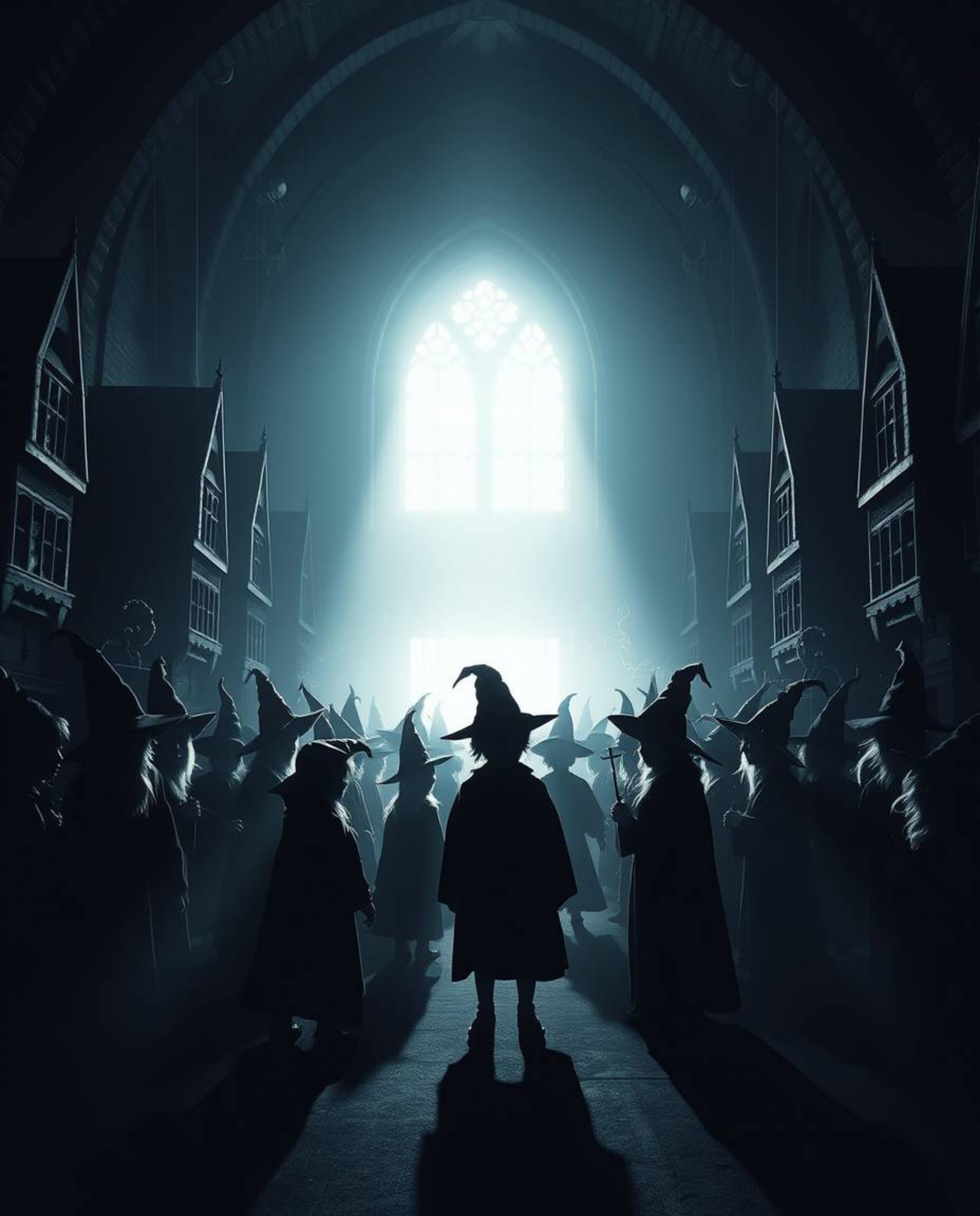 This artwork depicts a magical school teeming with young wizards, silhouetted against a radiant light source, resulting in st