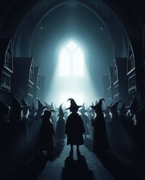 This artwork depicts a magical school teeming with young wizards, silhouetted against a radiant light source, resulting in st