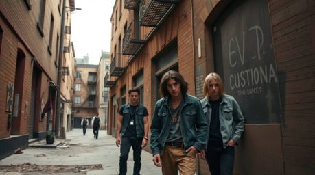 This captivating image showcases precise architectural color photography of a grungy city alley teeming with rebellious teens