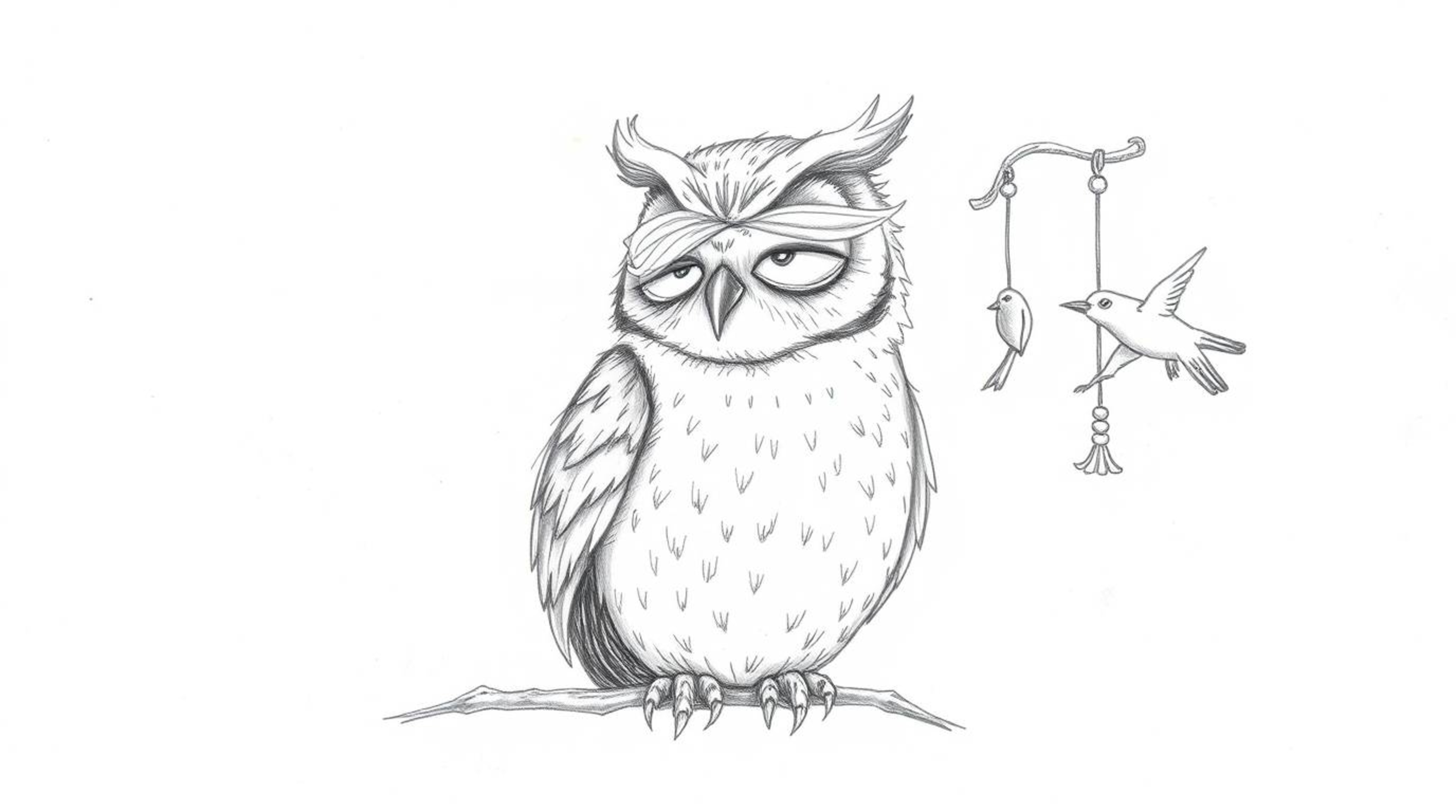 A heartwarming, hand-drawn sketch depicts a blind owl in a charming Pixar-esque style, gently guiding birds using wind chimes