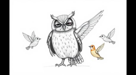 A heartwarming hand-drawn sketch depicts a wise, blind owl, its textured pencil strokes adding depth to its calm demeanor, as