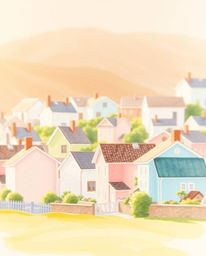 Immerse yourself in the charm of a sleepy town brought to life through delicate watercolor strokes. Pastel-colored houses sta
