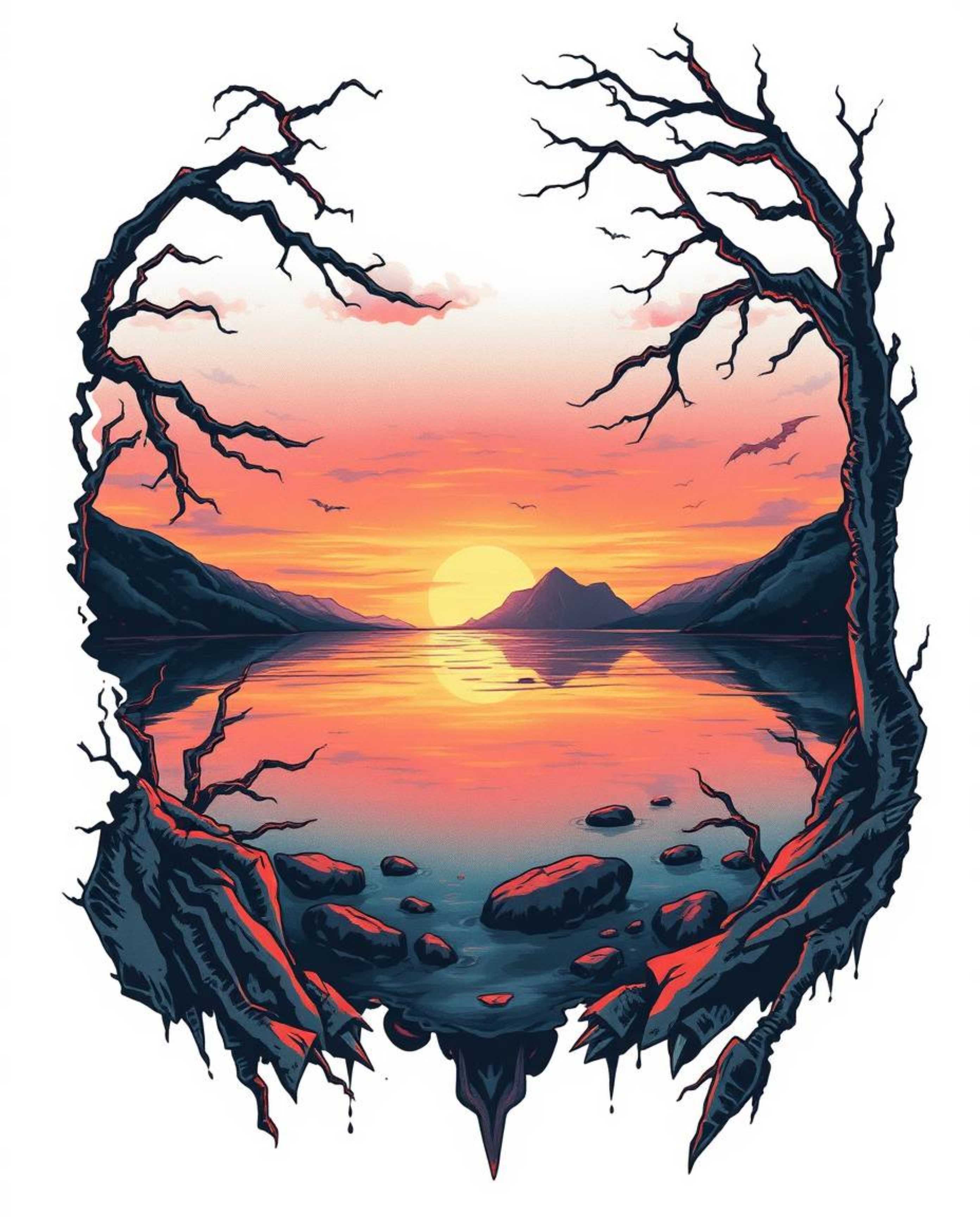 A traditional tattoo-style print of a glassy fjord reflecting a sunset, set against a stark white background. This piece comb