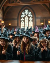 Immerse yourself in the enchanting world of a magical school with this high-resolution stock photo. Featuring young wizards i