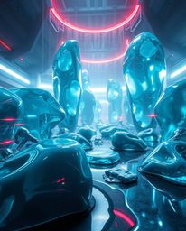 Immerse yourself in a grand, epic scene depicting a long exposure of surreal 3D, hyperrealistic melted glass shapes set in a 