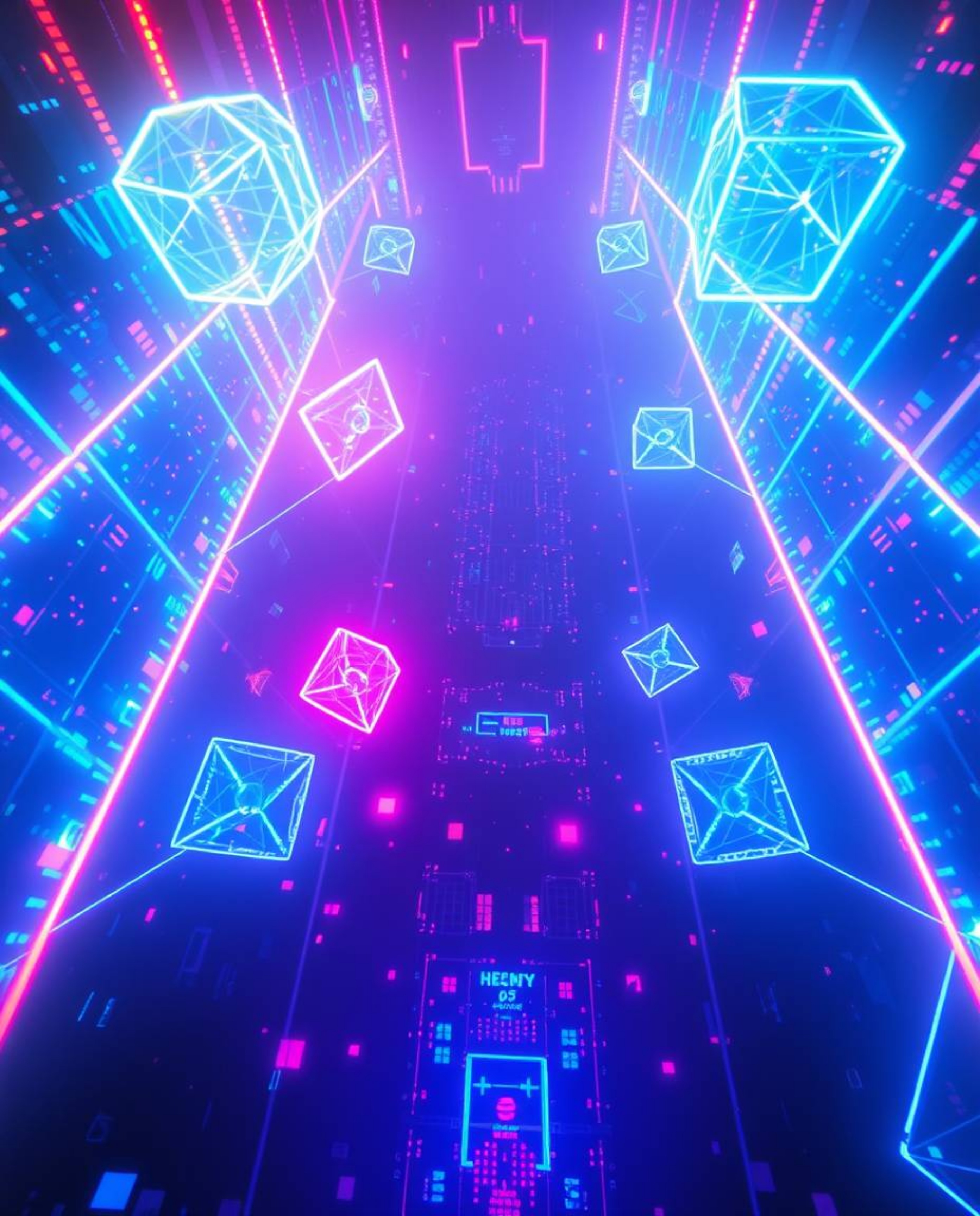 Experience a mesmerizing high-angle view of glowing bioluminescent colors and glitched geometric shapes floating in a cybersp
