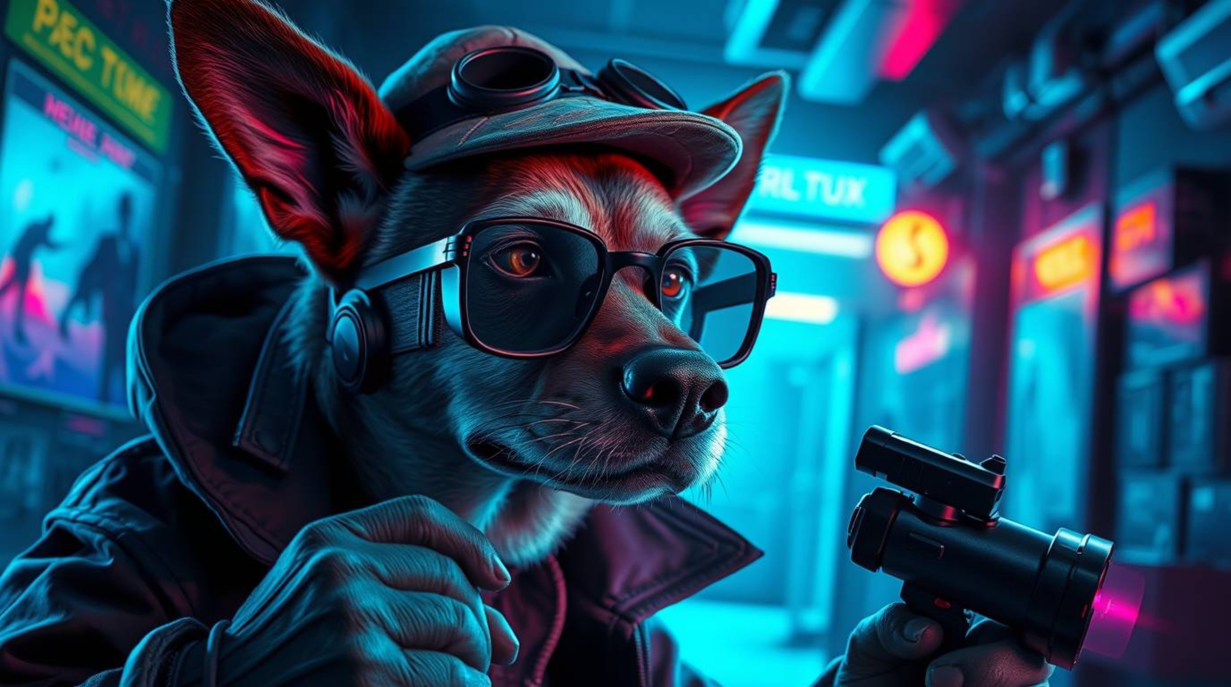 Dive into a thrilling mystery with our dog detective, equipped with cutting-edge high-tech gadgets, navigating an eerie and c