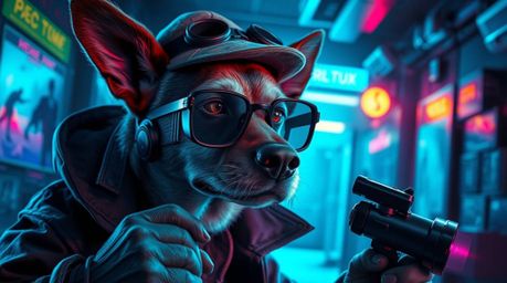 Dive into a thrilling mystery with our dog detective, equipped with cutting-edge high-tech gadgets, navigating an eerie and c