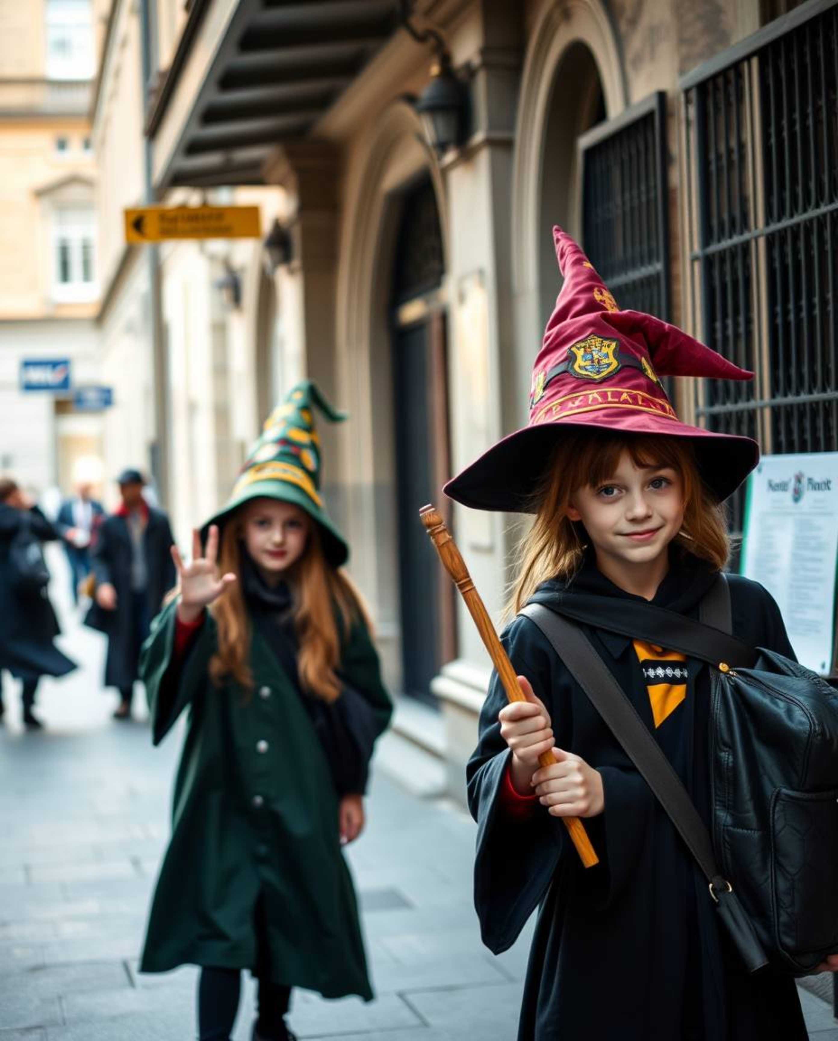 Candid street photography capturing spontaneous moments of young wizards attending a magical school set within a vibrant urba
