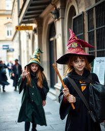 Candid street photography capturing spontaneous moments of young wizards attending a magical school set within a vibrant urba